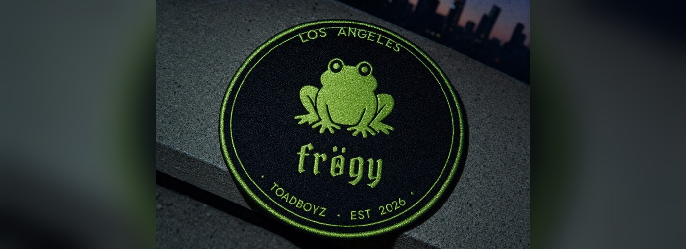 Frögy LA city seal embroidered patch — venom green thread on black, Los Angeles skyline behind